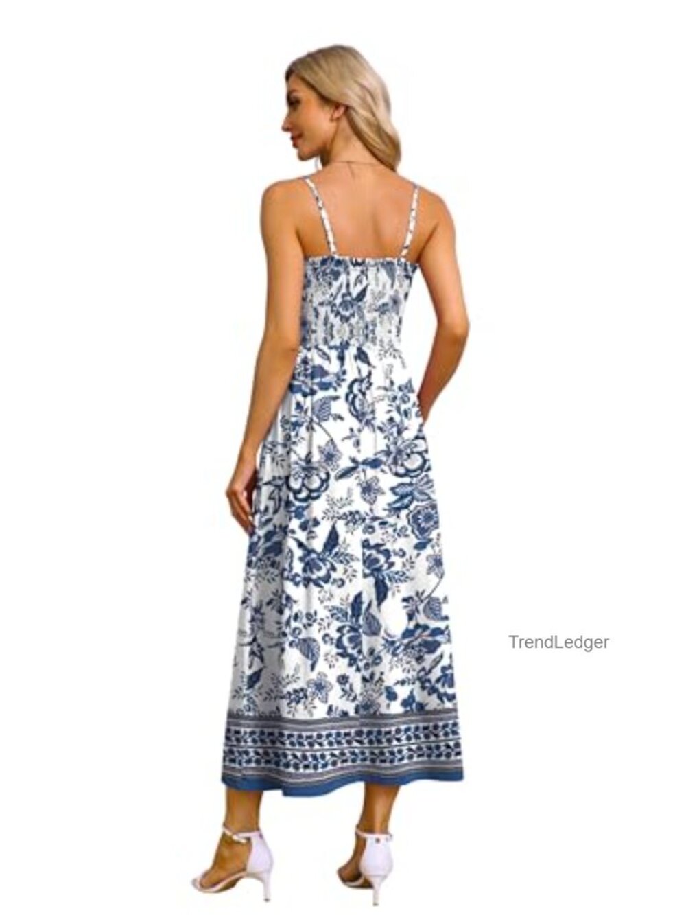 Spaghetti Strap Smocked Maxi Dress with Pockets - Casual Boho Beach Sundress - Picture 4 of 6